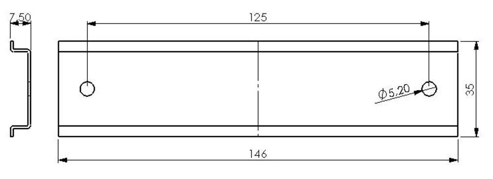 Technische tekening van een metaalprofiel met de afmetingen: lengte 146 mm, breedte 35 mm, hoogte 7,50 mm. Diameter boorgat: 6,20 mm.