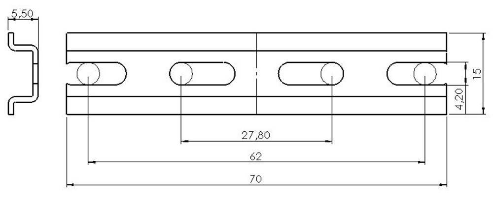 Technische tekening van een metaalprofiel met afmetingen: lengte 70 mm, breedte 27,80 mm, hoogte 15 mm. Zijaanzicht toont inbeddingspunten.