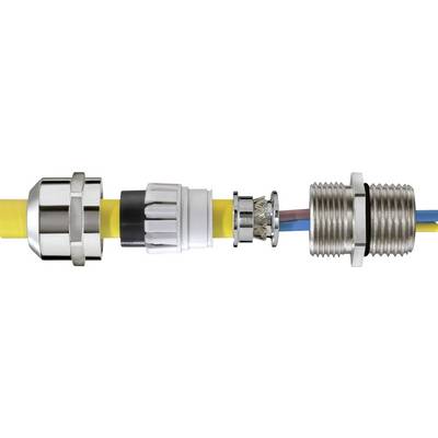 Doorsnede van een kabelwartel toont een metalen wartel met een geel kabel aan de binnenkant, omgeven door afdichtingen en moeren.