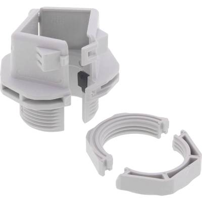 Grijs-witte kunststof adapter met verwijderbare bevestigingsring, waarschijnlijk voor technische of mechanische toepassingen.