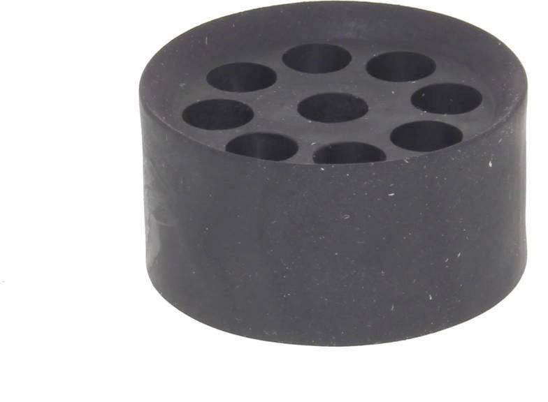 Zwarte rubberen stopper met negen gaten, geschikt voor laboratoriumtoepassingen.