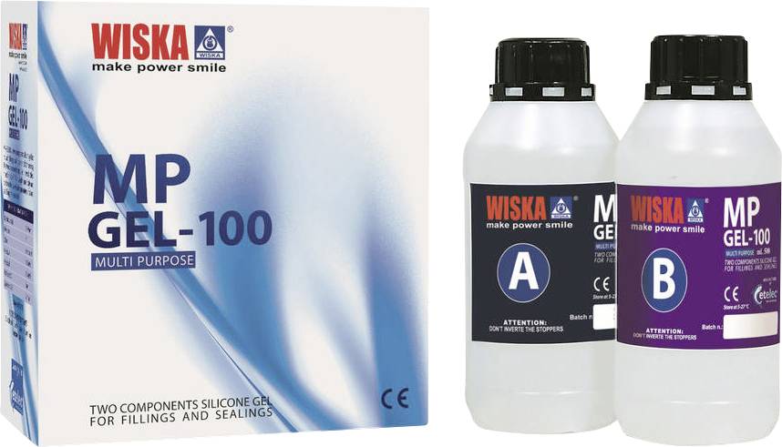 Verpakking en twee flessen met Wiska MP Gel-100. Siliconen gel voor vullingen en afdichtingen, twee componenten (A en B).