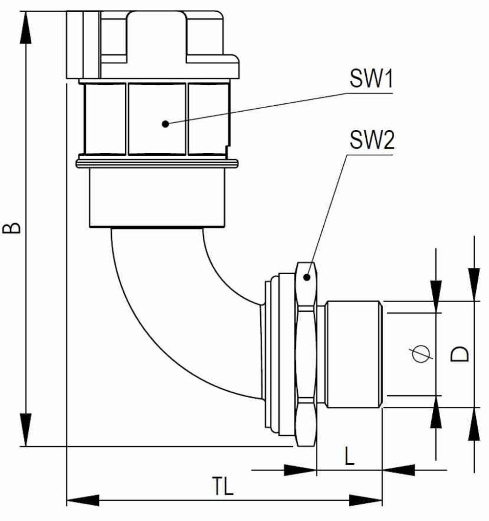 Technische tekening van een pijpfitting met afmetingen: totale breedte (B), totale lengte (TL), diameter (D) en steeksleutelbreedtes (SW1, SW2).