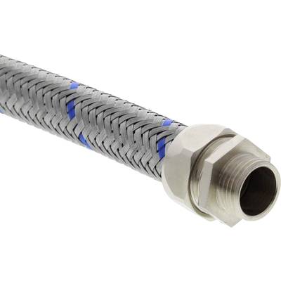 Een gevlochten metalen slang met blauwe accenten en een metalen aansluiting, gebruikt voor aansluiting op water- of gasleidingen.
