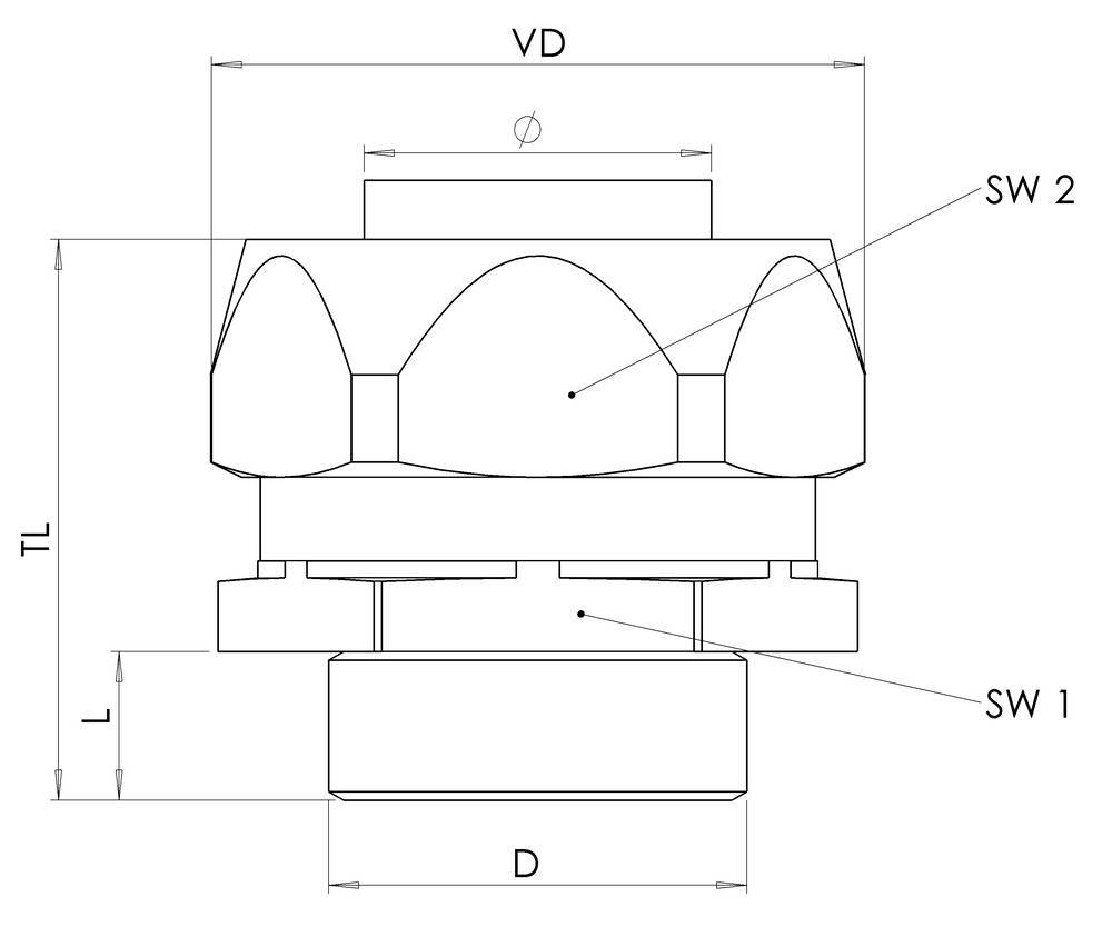 Technische tekening van een mechanisch onderdeel met diameter- en lengteaanduidingen. Markeringen: 'SW 1', 'SW 2', 'VD', 'TL', 'L', 'D'.