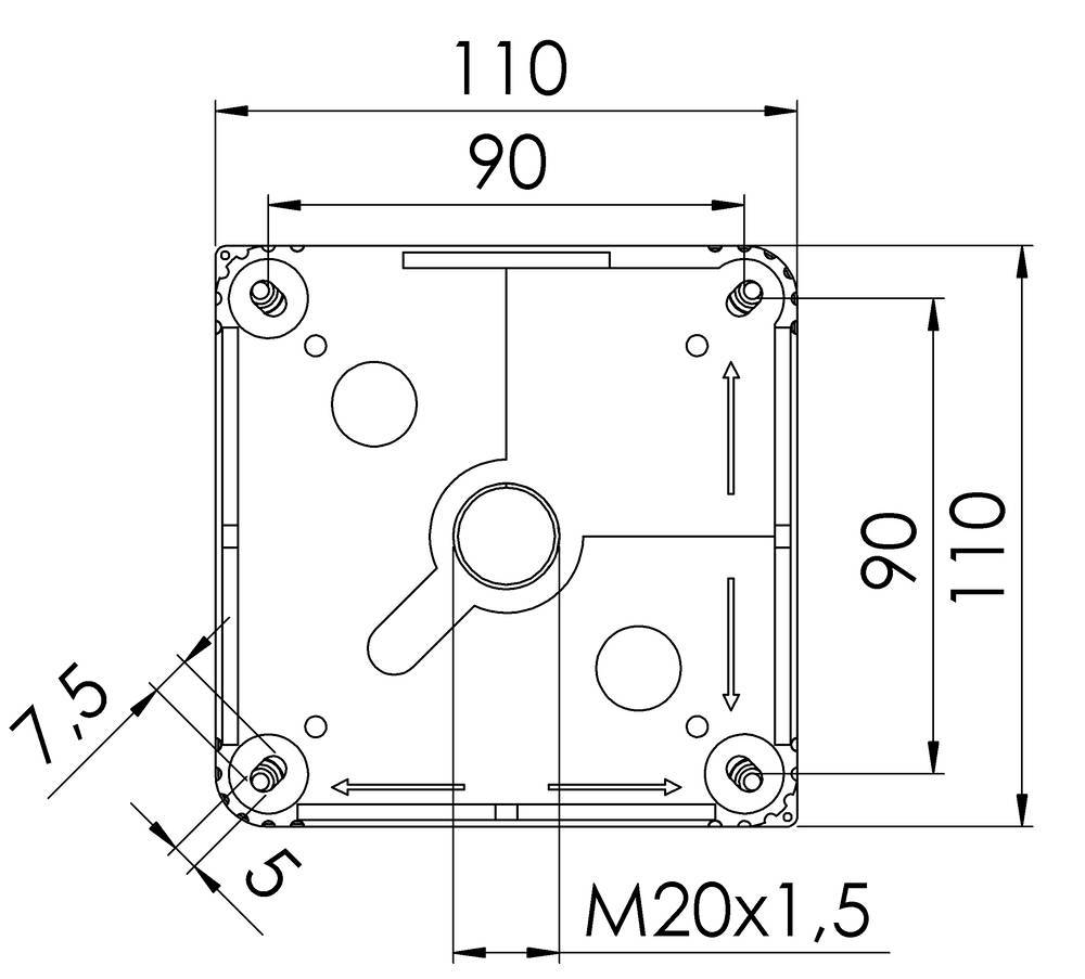 Technische tekening van een vierkant behuizing met afmetingen: 110 x 110 mm, boorgataansluitingen en M20x1,5 schroefdraad.
