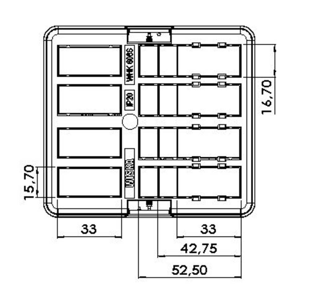 Technische tekening van een rechthoekige vorm met verschillende afmetingen. Toont lengtes in millimeters: 16,70, 15,70, 33, 42,75, 52,50.