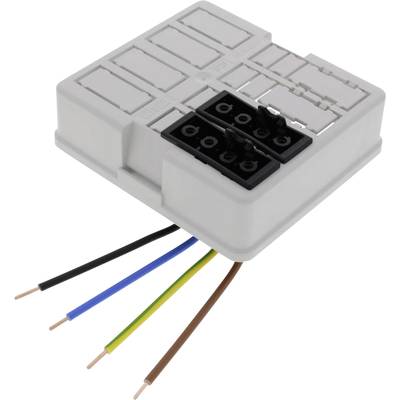 Elektrisch aansluitingsmodule met zes open draden in verschillende kleuren voor bedrading. Geschikt voor elektrische installaties.
