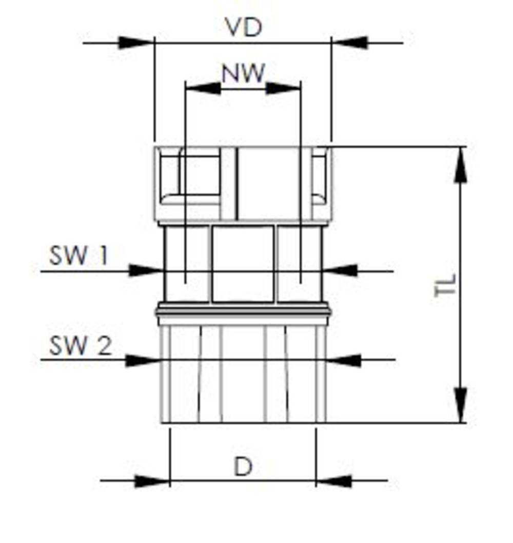 Technische tekening van een zeshoekig onderdeel met afmetingen: diameter (D), totale lengte (TL), zichtbare breedte (VD, NW) en sleutelwijdte (SW1, SW2).