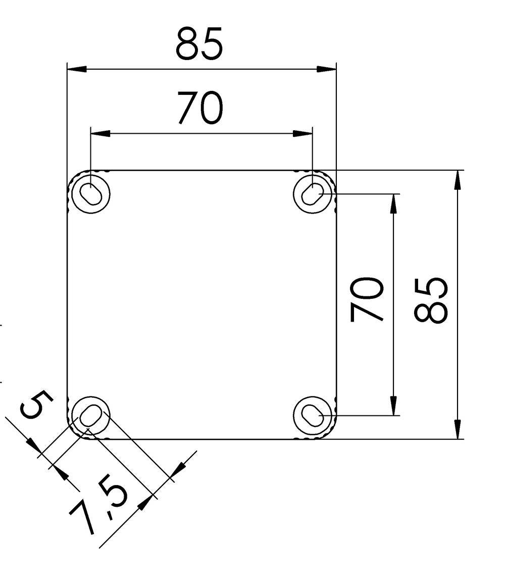 Technische tekening van een vierkant object met kantlengtes van 85 en 70 mm. Gaten in alle hoeken. Hoeken gemarkeerd onder 7,5 en 5 graden.