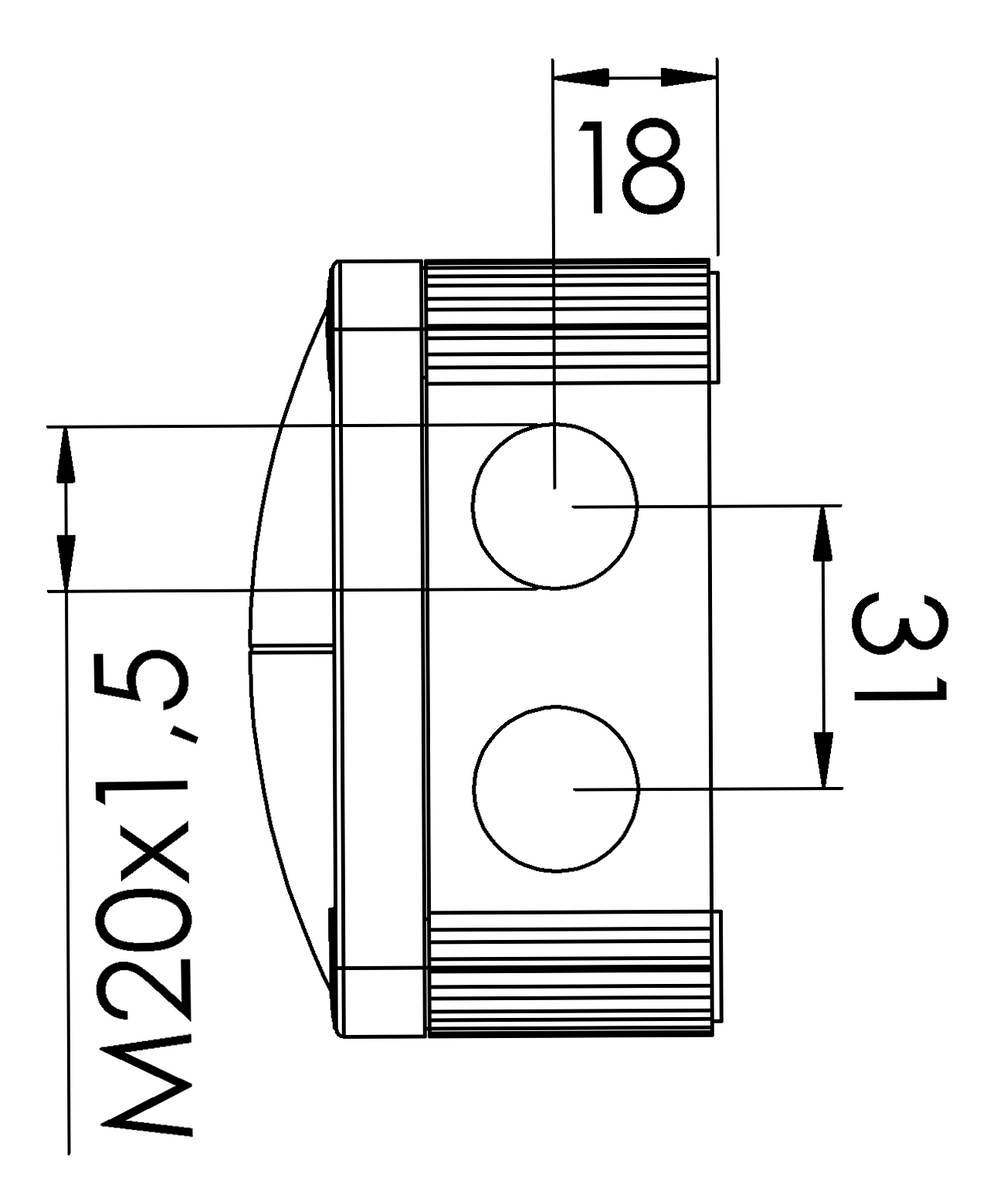 Technische tekening van een cilindrische component met M20x1,5 schroefdraad. Afmetingen: diameter 18, totale hoogte 31.