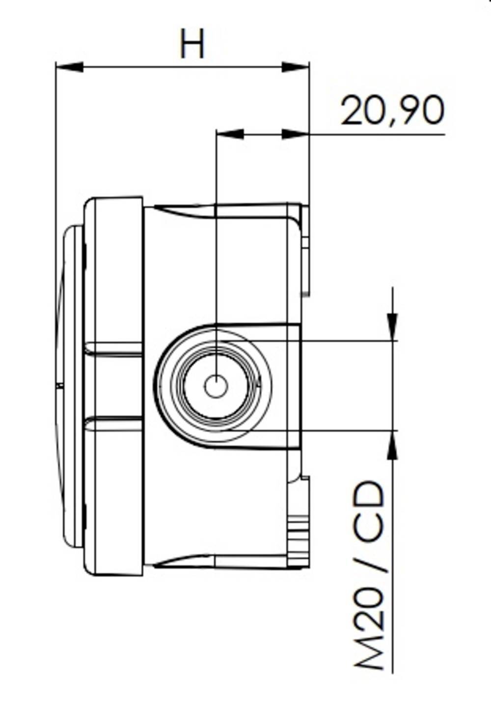 Technische tekening van een cilindrisch onderdeel met de afmetingen 'H' en '20,90', evenals aansluiting 'M20/CD'. Zijaanzicht.