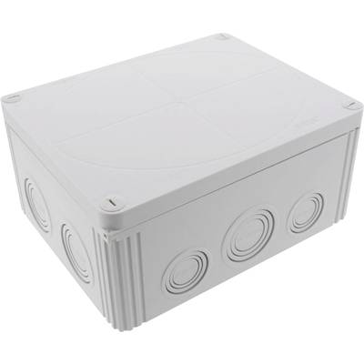 Een rechthoekige, grijze verdeelkast met ronde kabelinvoergaten aan de zijkanten, geschikt voor elektrische installaties.