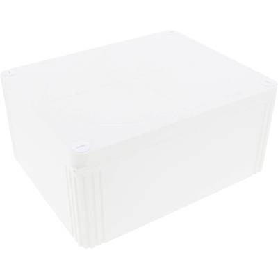 Witte, rechthoekige kunststof doos met afgeronde hoeken en geprofileerde oppervlakte aan de zijkanten.