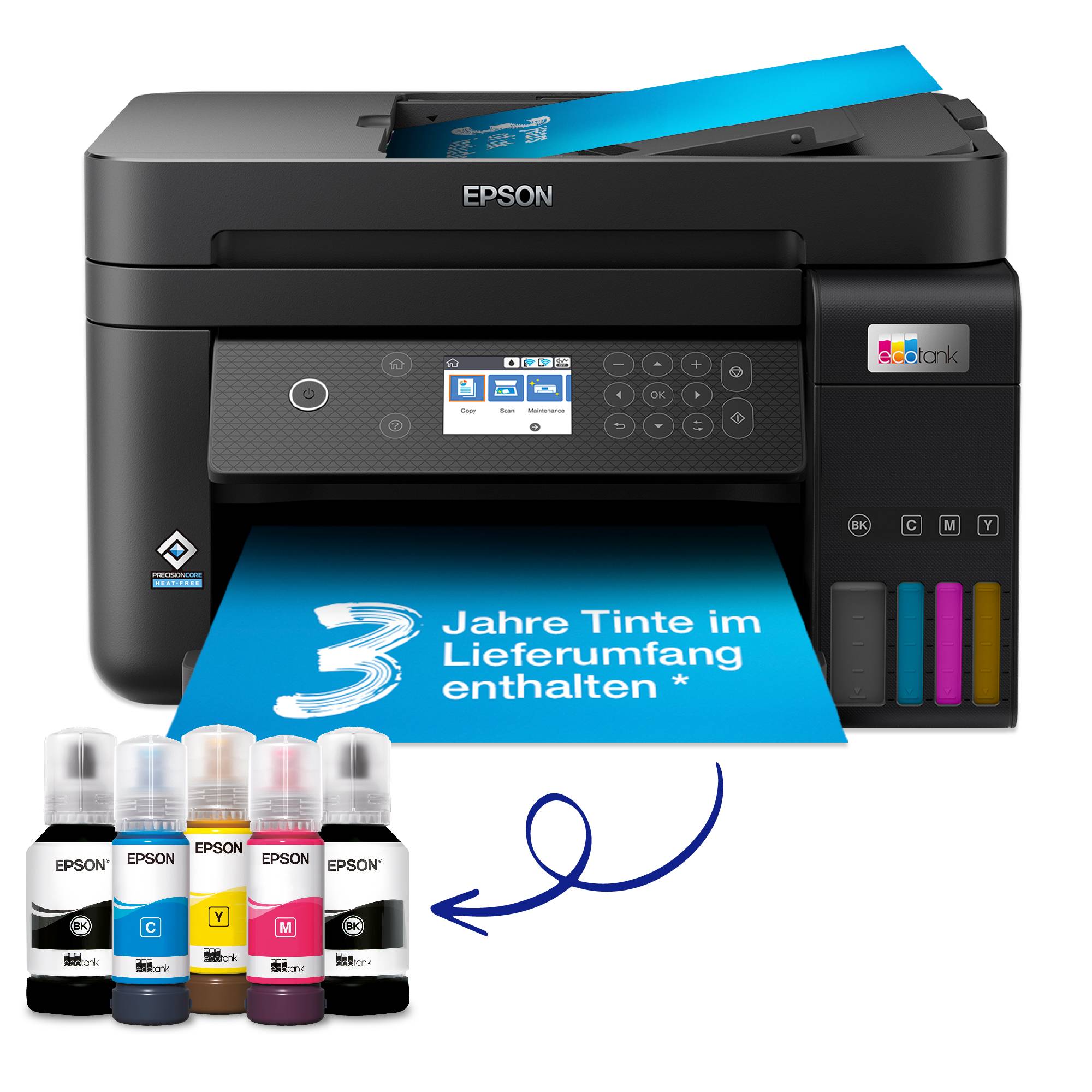 Een Epson-printer met blauwe inkt, inclusief drie jaar inkt inbegrepen. Vier inktflessen in zwart, cyaan, magenta, geel.