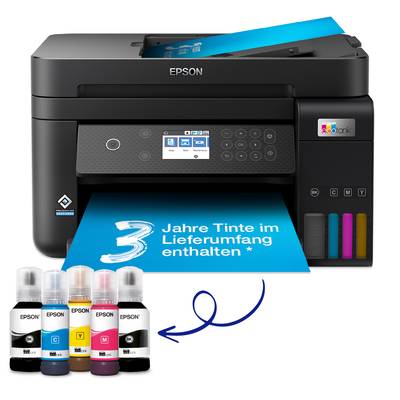 Een Epson-printer met blauwe inkt, inclusief drie jaar inkt inbegrepen. Vier inktflessen in zwart, cyaan, magenta, geel.