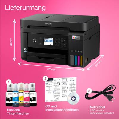Een printer met toebehoren: vier EcoTank-inktflacons, cd en installatiehandleiding, netsnoer. Afmetingen: 375 mm x 347 mm x 231 mm.