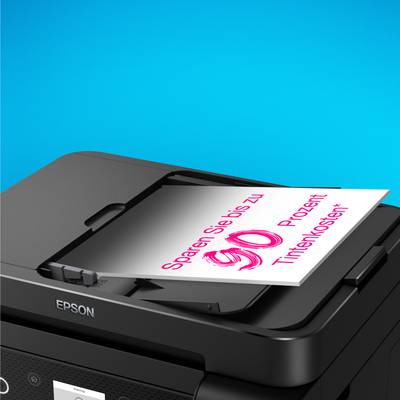 Een printer met een vel papier waarop staat: 'Bespaar tot wel 90 procent op inktkosten'.