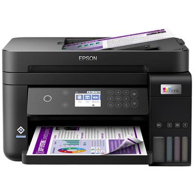 Een zwarte Epson-printer drukt een document met meerdere pagina's af met diagrammen en gekleurde tekst. De inktpatronen zijn zichtbaar.
