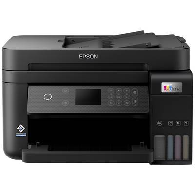 Een zwarte Epson-printer met een touchbedieningspaneel en inktreservoirs die vooraan zichtbaar zijn.
