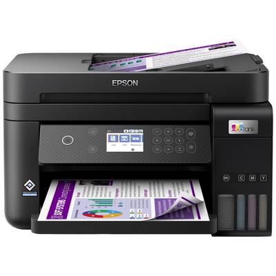 Een zwarte Epson-printer met digitaal display print een gekleurd document af. Het document bevat grafieken en tekst.
