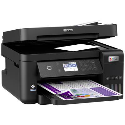 Een zwarte printer met een display en meerdere knoppen aan de voorkant print een gekleurd document.