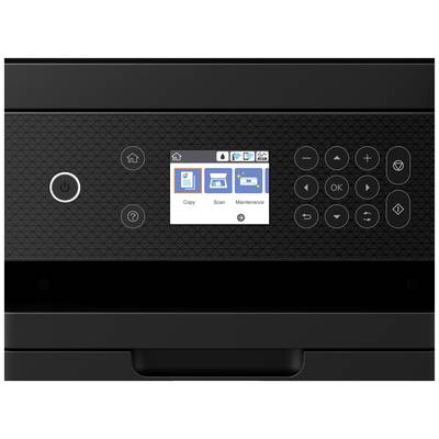 Een printer-touchscreen toont opties: 'Kopiëren', 'Scannen', 'Onderhoud'. Ernaast zijn bedieningstoetsen en een aan/uit-schakelaar zichtbaar.
