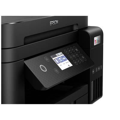 Een zwarte printer met een digitaal display en toetsenbordje, toont symbolen voor verschillende afdrukinstellingen. Merknaam bovenaan.