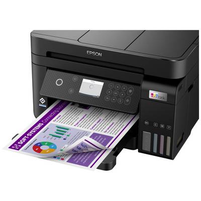 Een zwarte printer drukt een informatieblad met grafieken en diagrammen. Op de voorkant van de printer licht een bedieningspaneel op.