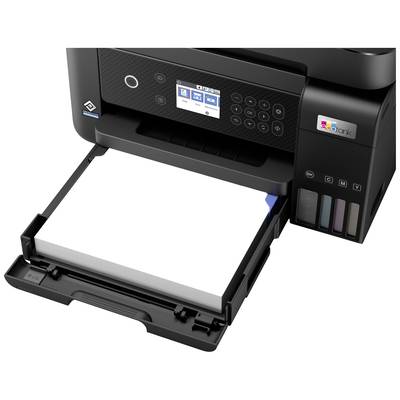 Een multifunctionele printer met een open papieruitvoerlade en een zichtbaar bedieningspaneel toont verschillende documentinstellingen.