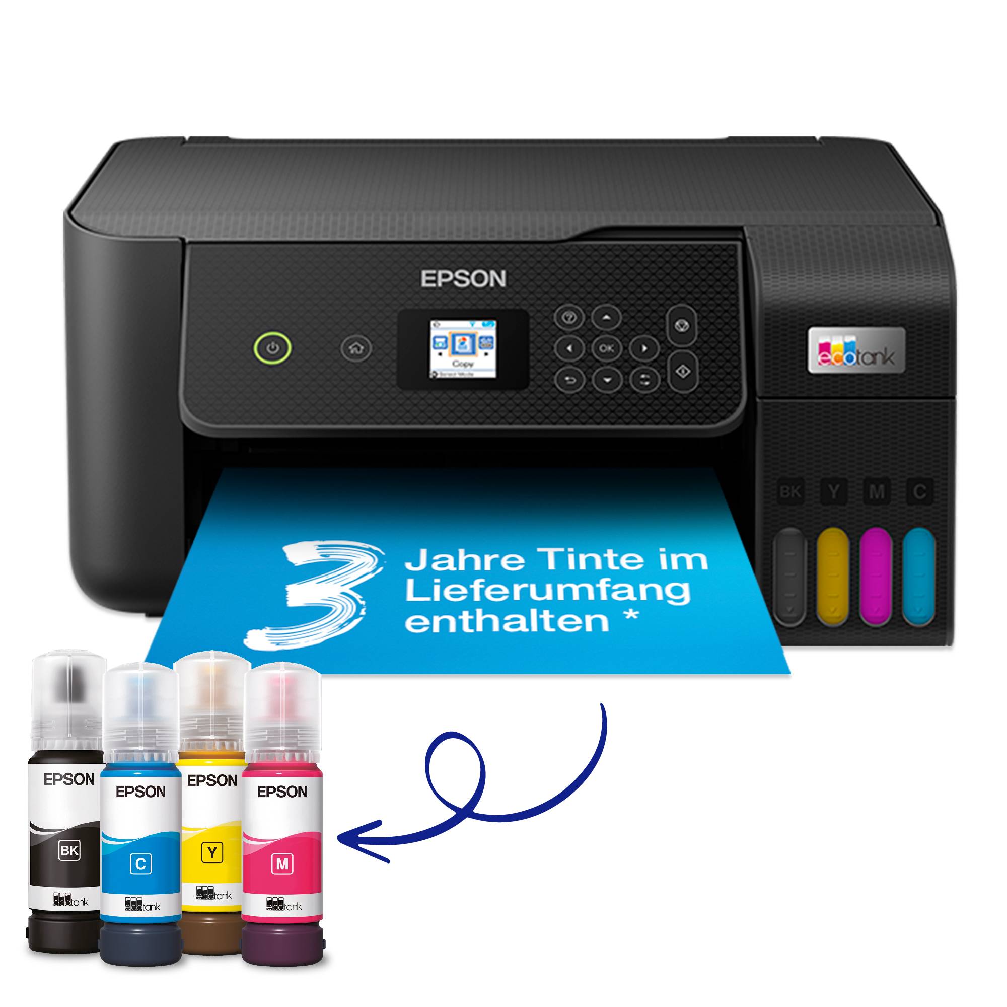 Een zwarte Epson-printer met vier inktflacons ervoor, met de reclameboodschap 'Inclusief 3 jaar inkt bij levering.'