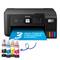Een zwarte Epson-printer met vier inktflacons ervoor, met de reclameboodschap 'Inclusief 3 jaar inkt bij levering.'