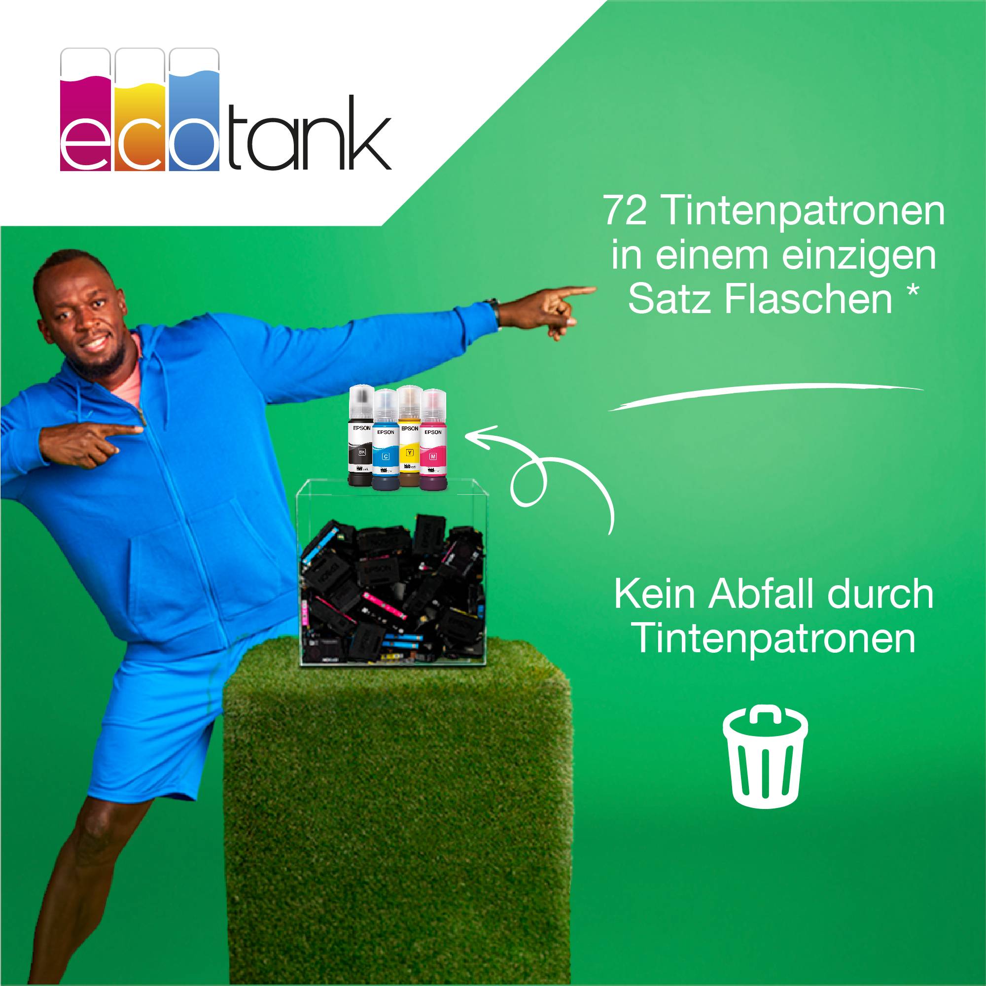 'Man in blauw pak wijst naar tekst over 72 inktpatronen zonder afval, naast EcoTank-logo, op groene achtergrond.'