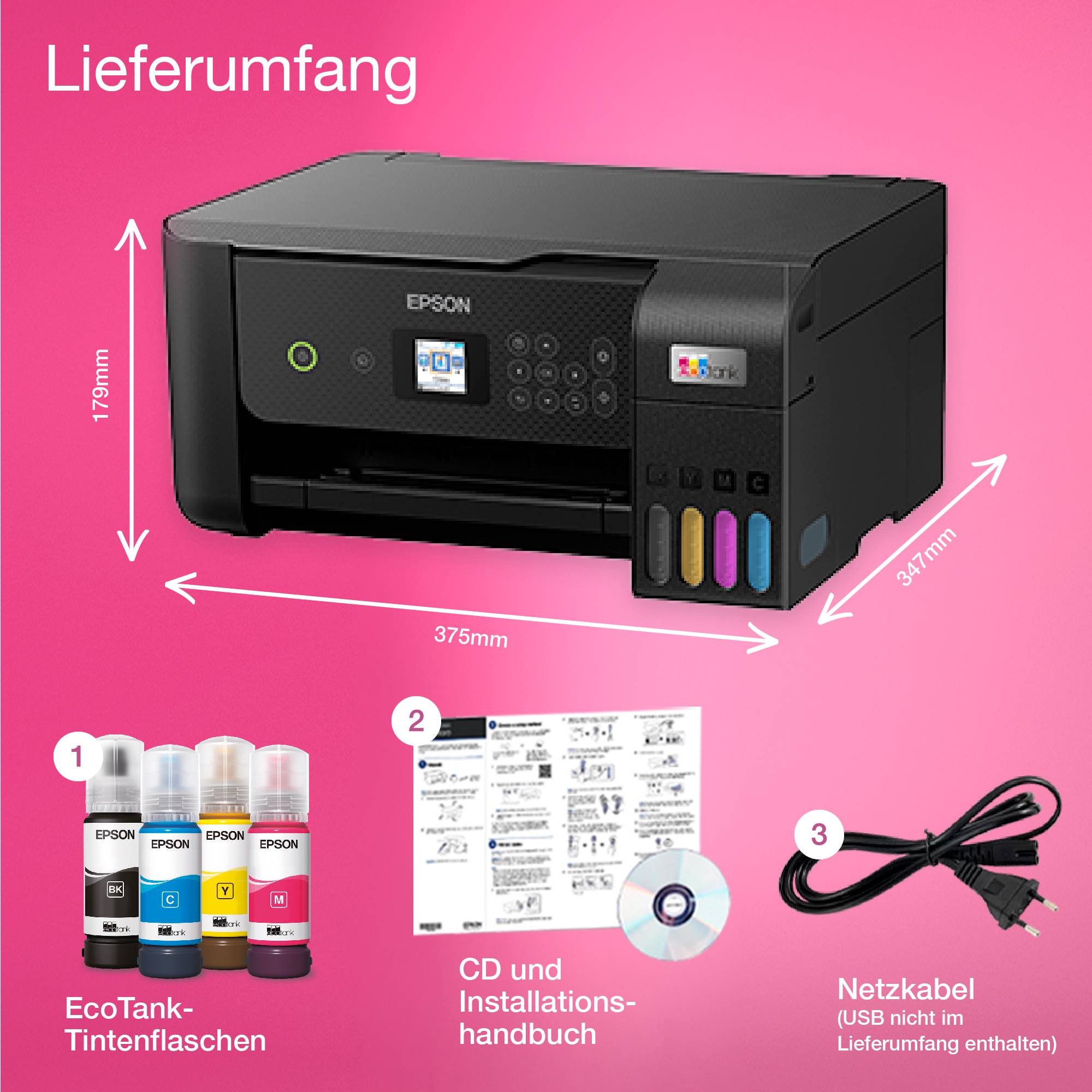 'Leveringsomvang' toont een zwarte inkjetprinter, inktflacons, cd met handleiding en netsnoer tegen een roze achtergrond.