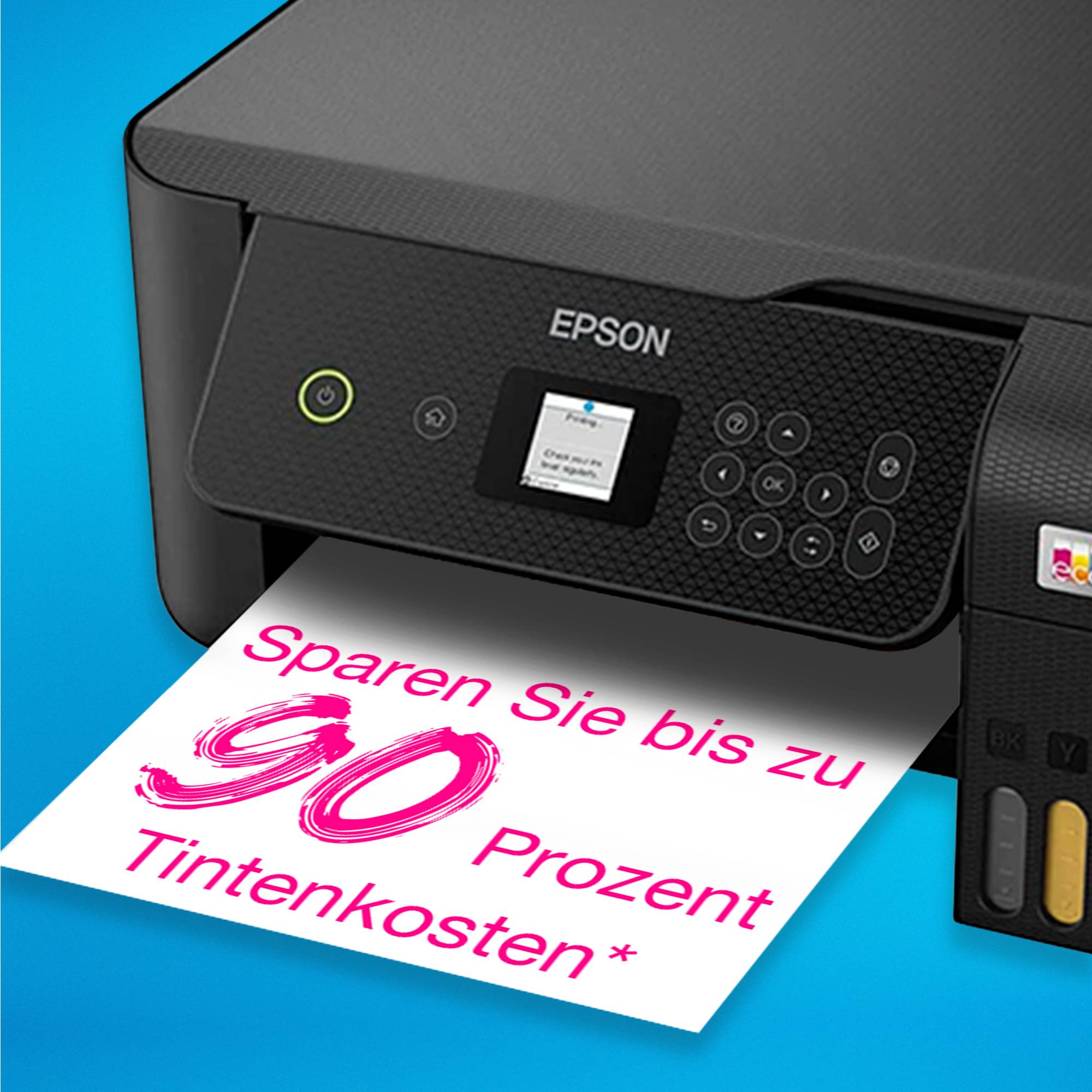 Een Epson-printer met een bord waarop staat: 'Bespaar tot 90 procent op inktkosten'.