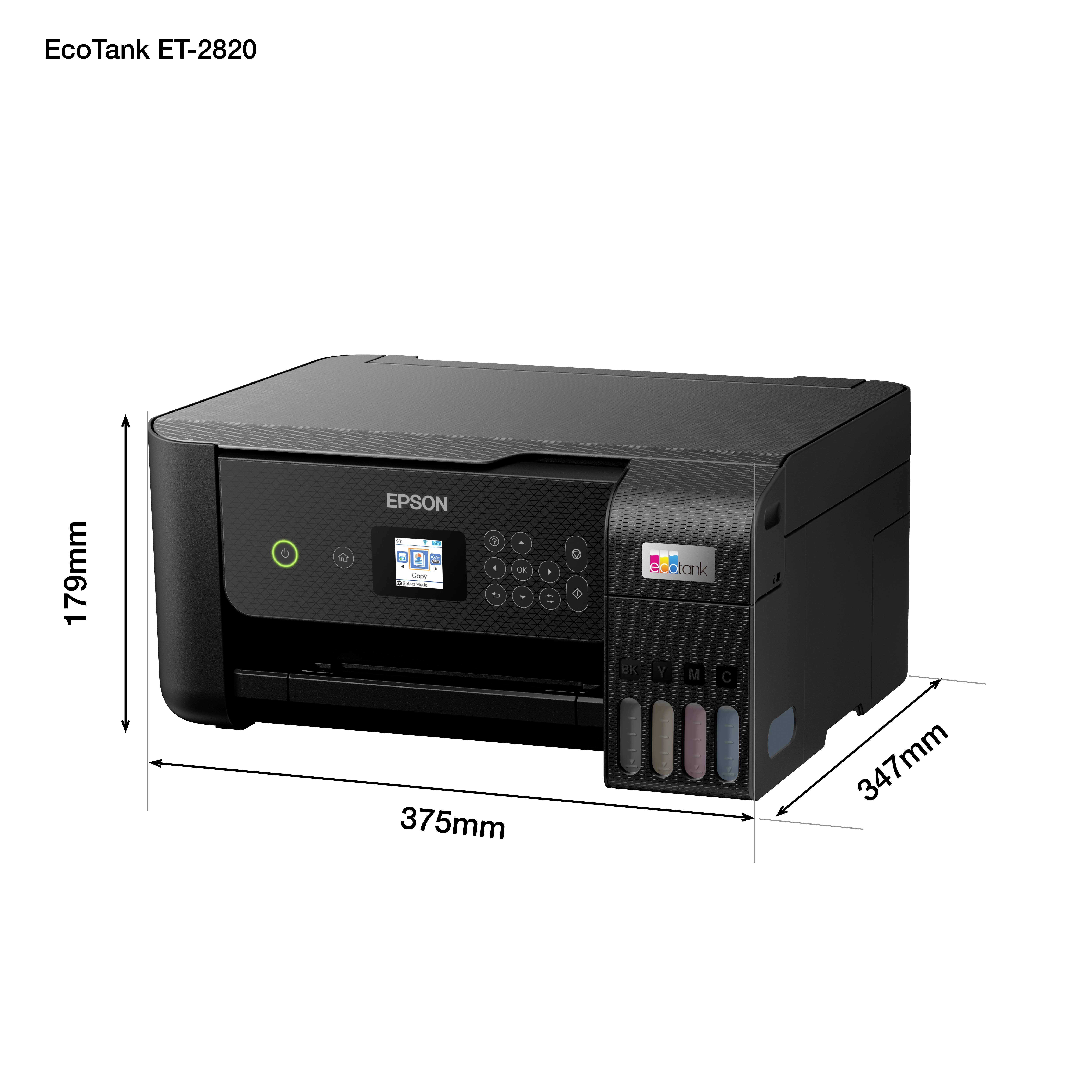 'Epson EcoTank ET-2820 printer in het zwart met afmetingen: 375 mm breedte, 347 mm diepte, 179 mm hoogte. Bedieningselementen en inktreservoirs zijn zichtbaar.'