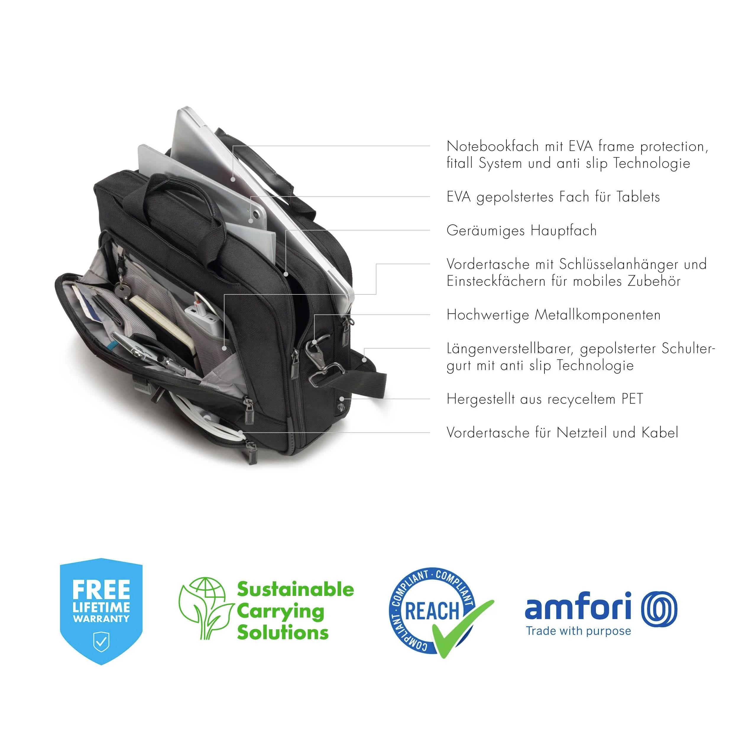 Een zwarte laptoptas met meerdere vakken, toont bescherming voor laptops, tablets, veel opbergmogelijkheden en duurzame materialen.