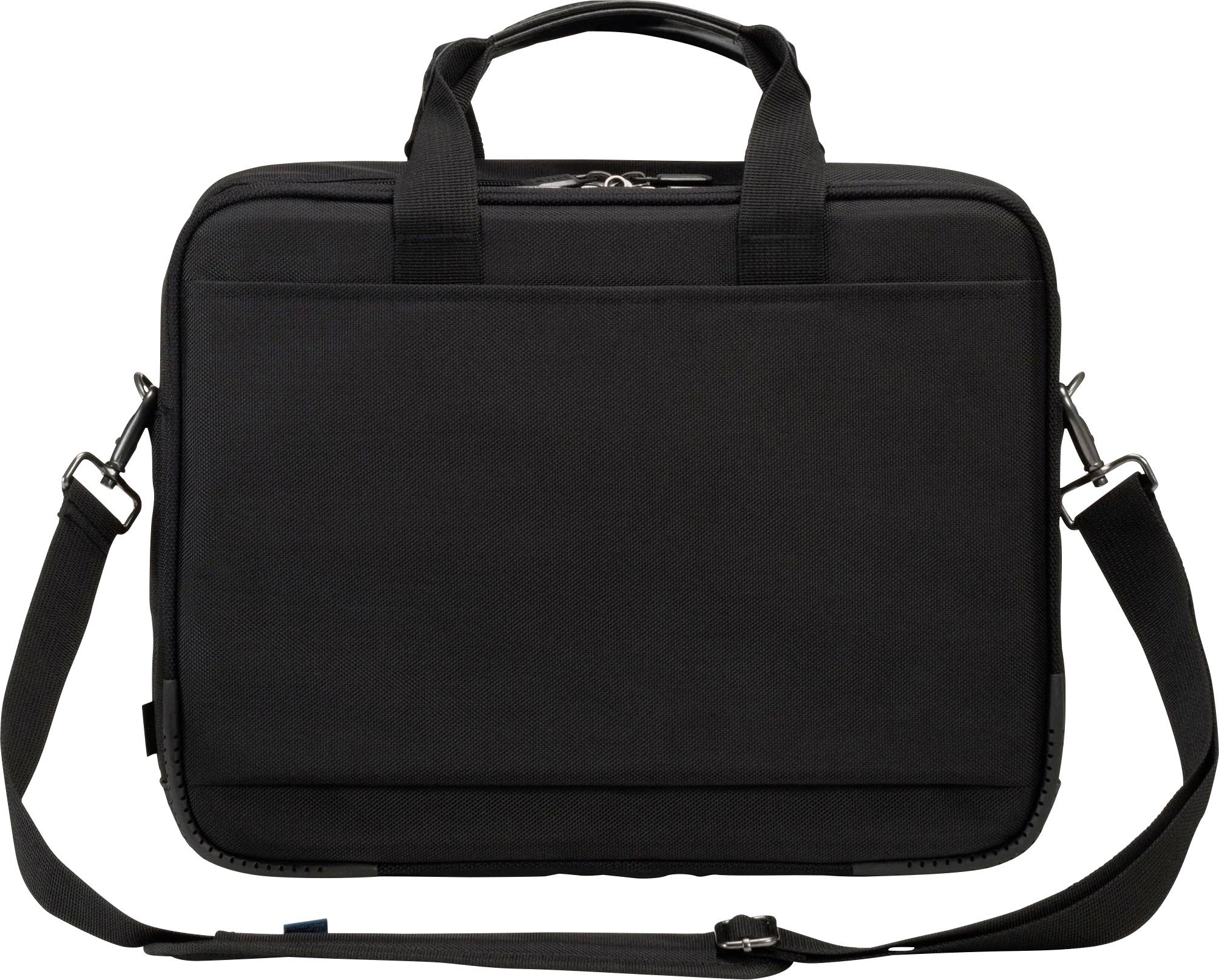Zwarte laptoptas met twee handgrepen en afneembare schouderband, strak ontwerp, voor het vervoeren en beschermen van laptops.
