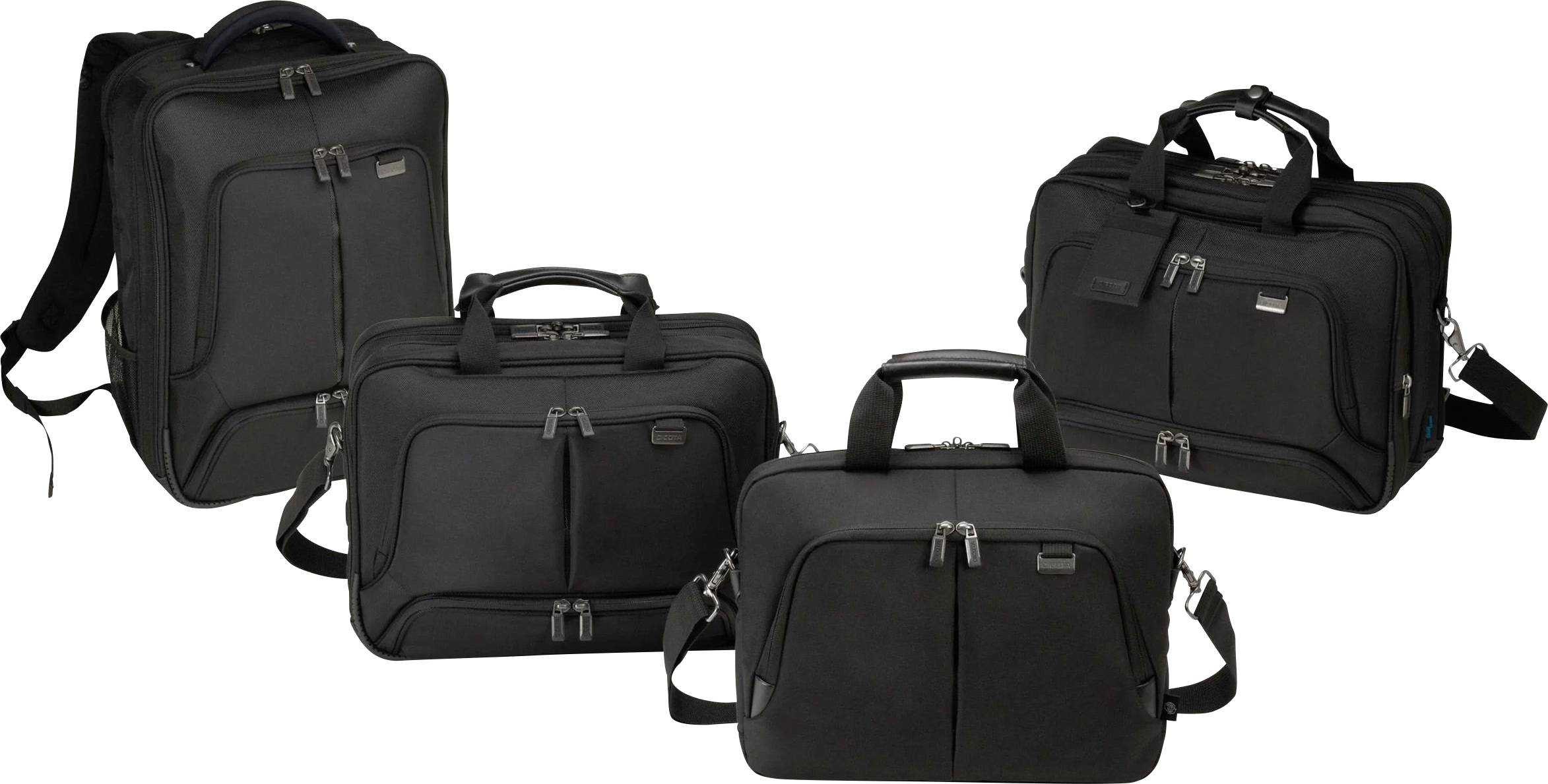 Vier zwarte, rechthoekige laptoptassen van stof, verschillende modellen. Elke tas heeft twee handgrepen, ritsen en een schouderband.