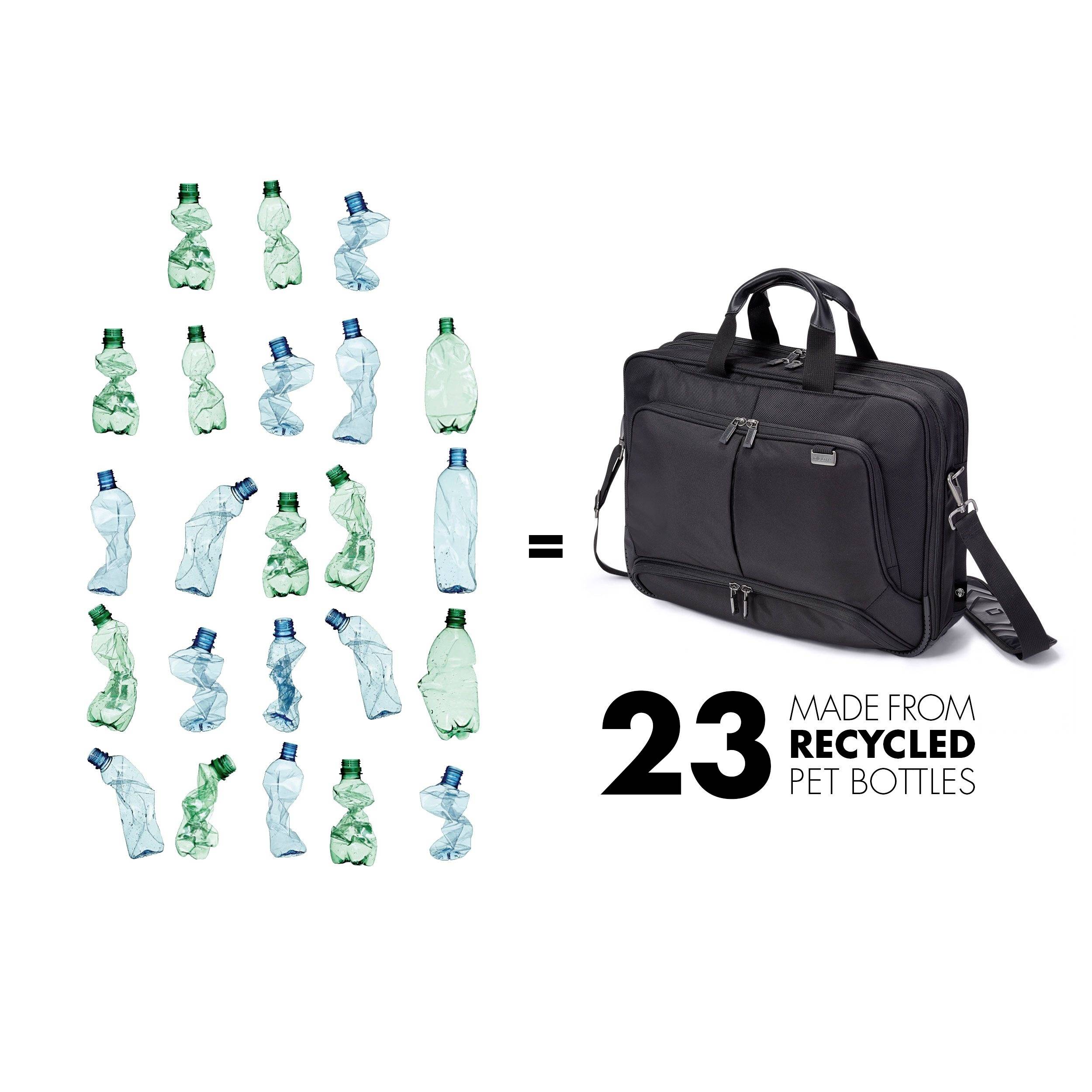 '23 gerecyclede PET-flessen = 1 zwarte tas.' Links flessen, rechts tas. Boodschap: Milieubewustzijn door recycling.
