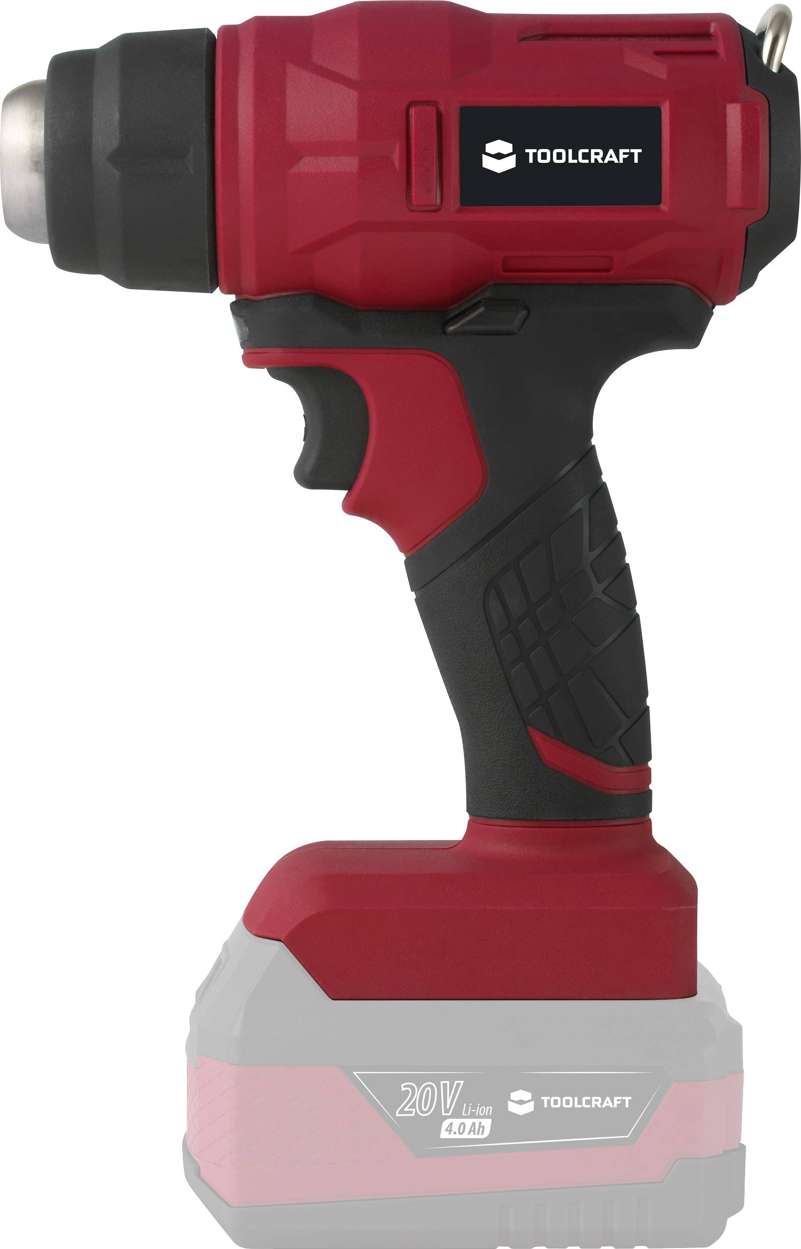 Accuschroefmachine in rood en zwart met 'TOOLCRAFT'-logo, 20V, 4.0 Ah accu. Hoofdtoestel voor boor- en schroefwerkzaamheden.