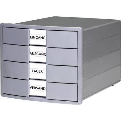 Grijze archiefbox met vier laden, gemarkeerd met 'Binnenkomend', 'Uitgaand', 'Opslag' en 'Verzending'. Ideaal voor kantoororganisatie.