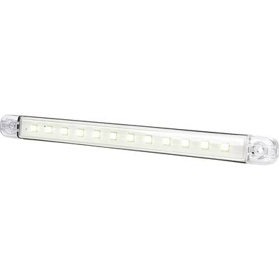 Een langwerpig, smal LED-licht met transparante eindkappen straalt helder wit licht uit. Geschikt voor efficiënte verlichting.