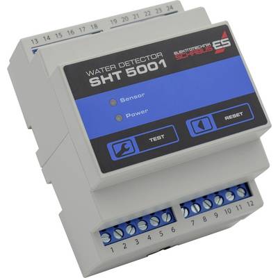 Waterlek detector SHT 5001 met sensor- en voedingsindicator, test- en resetknop, detecteert waterlekkages en ondersteunt veiligheidsprotocollen.