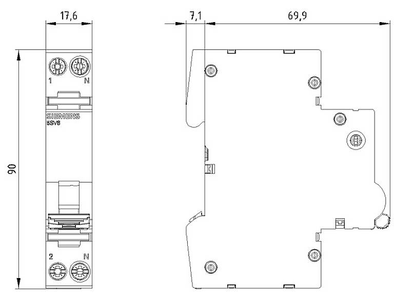 Tekening van een onderdeel met afmetingen: Hoogte 90 mm, breedte 17,6 mm, diepte 69,9 mm. Voor- en zijaanzicht met aansluitingen en bevestigingspunten.