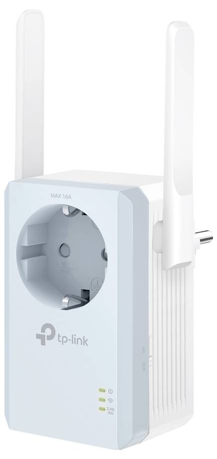 Een WLAN-repeater van TP-Link met stopcontact en twee antennes, geschikt voor het vergroten van de netwerkbereik binnenshuis.