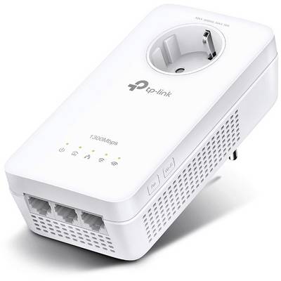 Een witte TP-Link Powerline-adapter met stopcontact, modelnaam 'AV1000', toont vier LED's voor netwerkstatus en twee LAN-poorten.