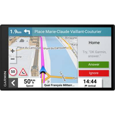 Straatnavigatie op een GPS-apparaat toont de route naar 'Place Marie-Claude Vaillant-Couturier' op 1,9 km afstand. Snelheid: 50 km/u. Aankomst om 14:44 uur.