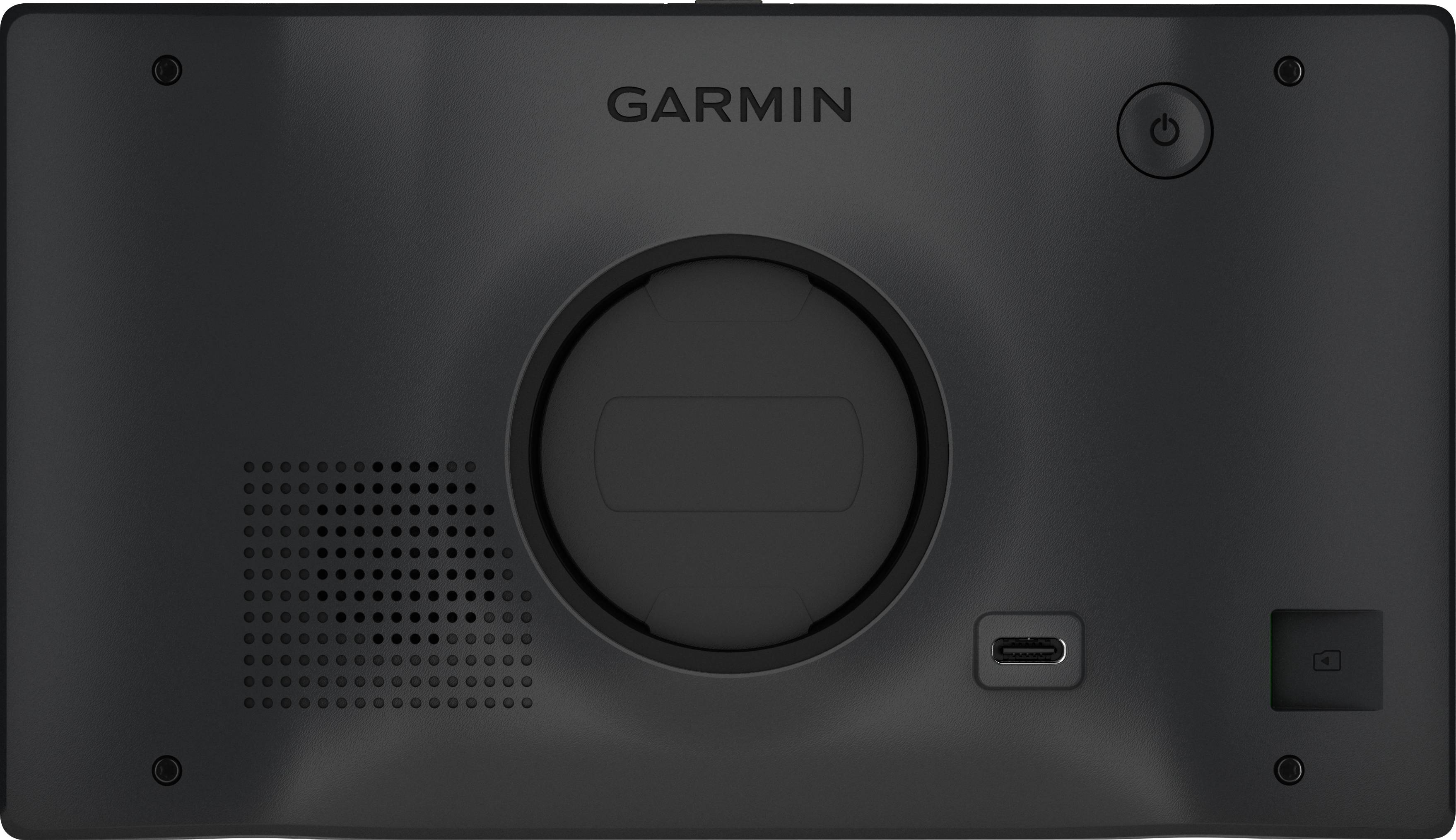 De achterkant van een Garmin-apparaat toont een luidspreker, een aan-/uitschakelaar en een USB-C-poort.