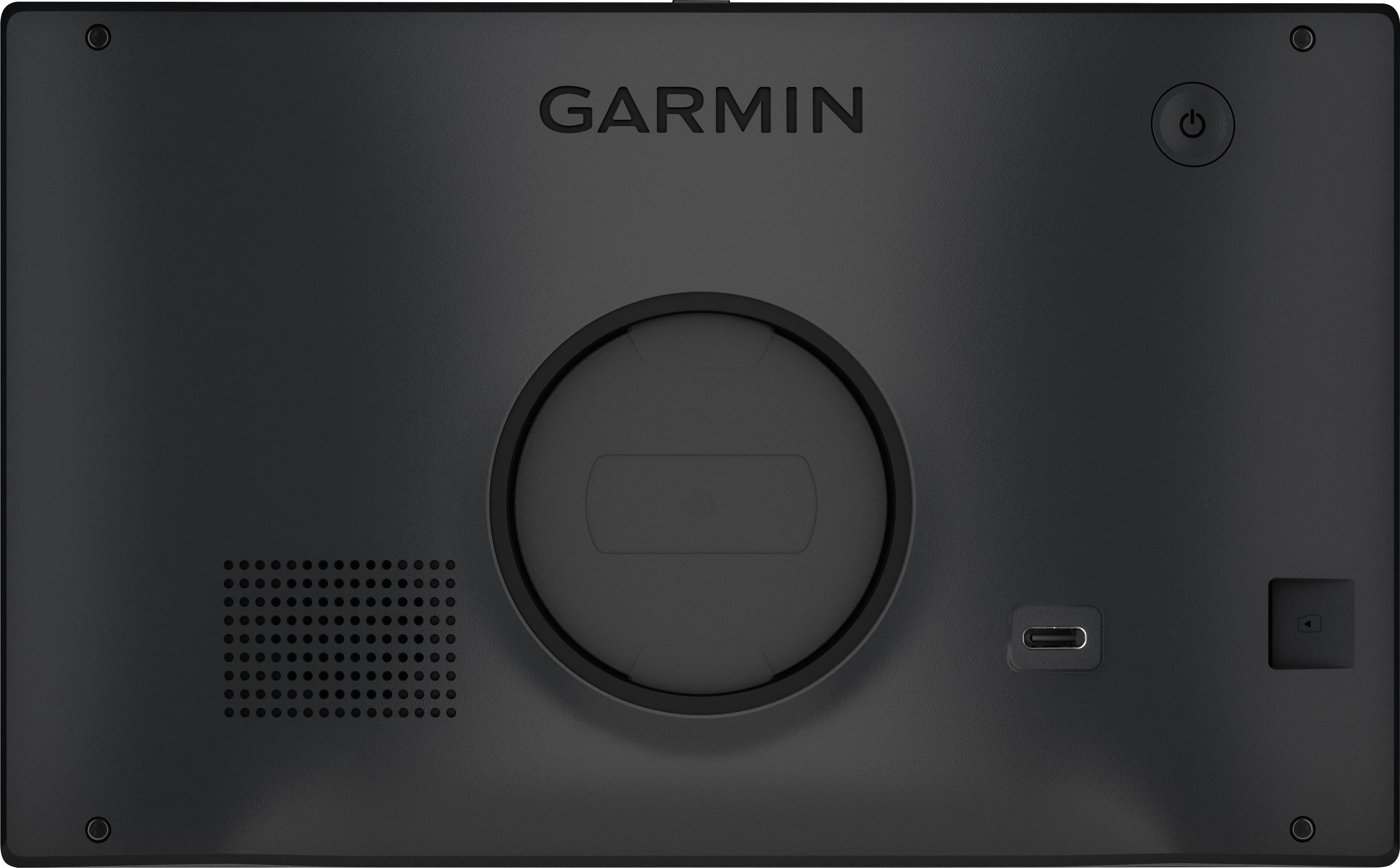 Achteraanzicht van een Garmin-apparaat met luidspreker, USB-poort en netschakelaar in een donkere behuizingskleur.